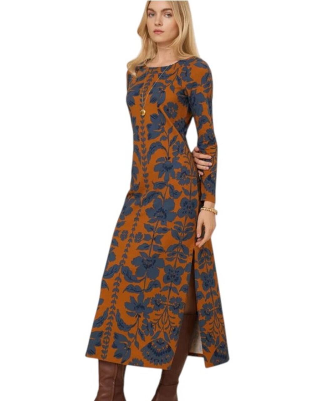 Spartina 449 Danielle Midi Dress Womens S Brown Blue Serpentine Floral Vine Cafe